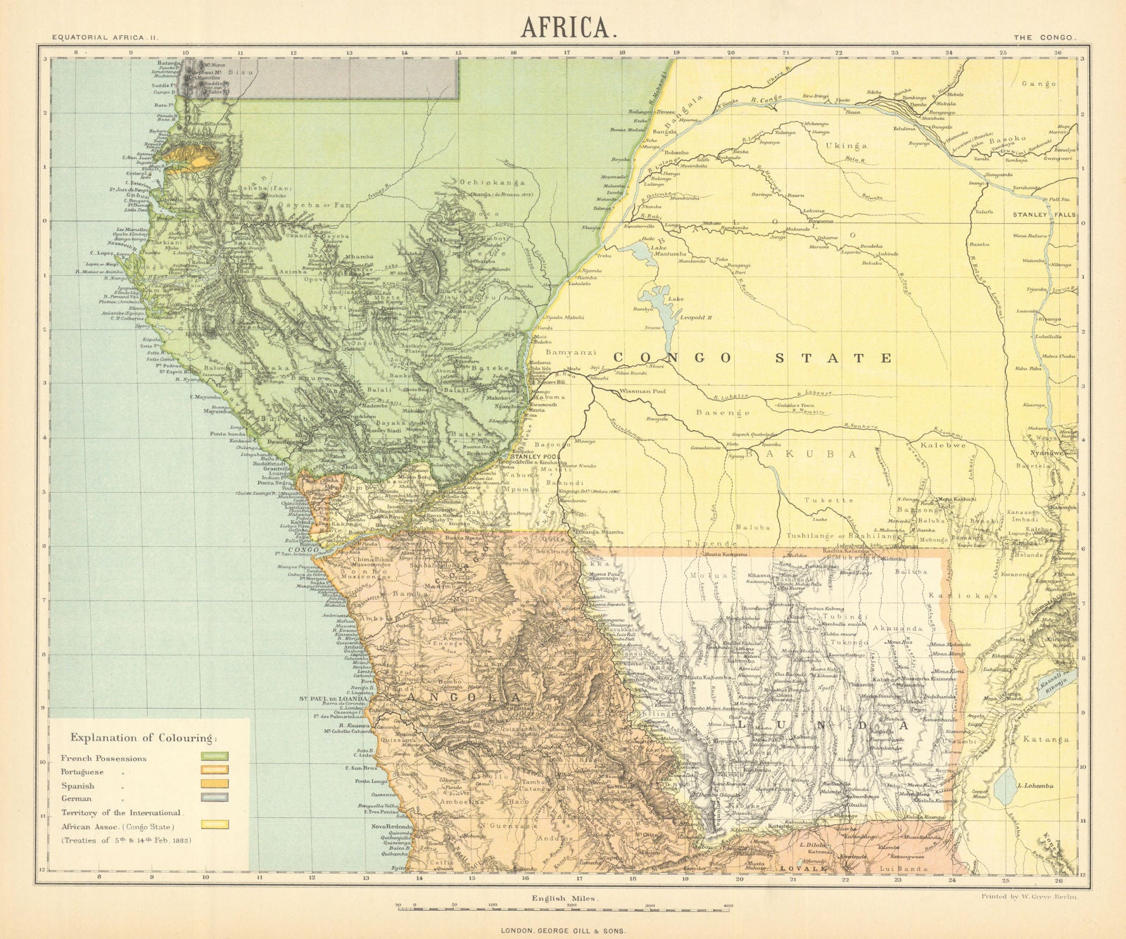 CENTRAL AFRICA. International African Association (Congo) Gabon Angola 1892 map